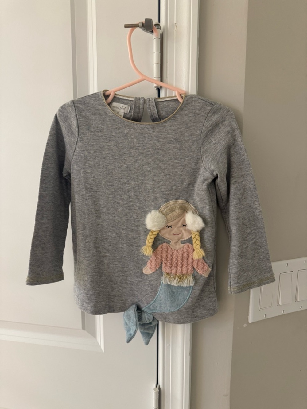Mud Pie Gray Long Sleeve Top with Mermaid Applique
